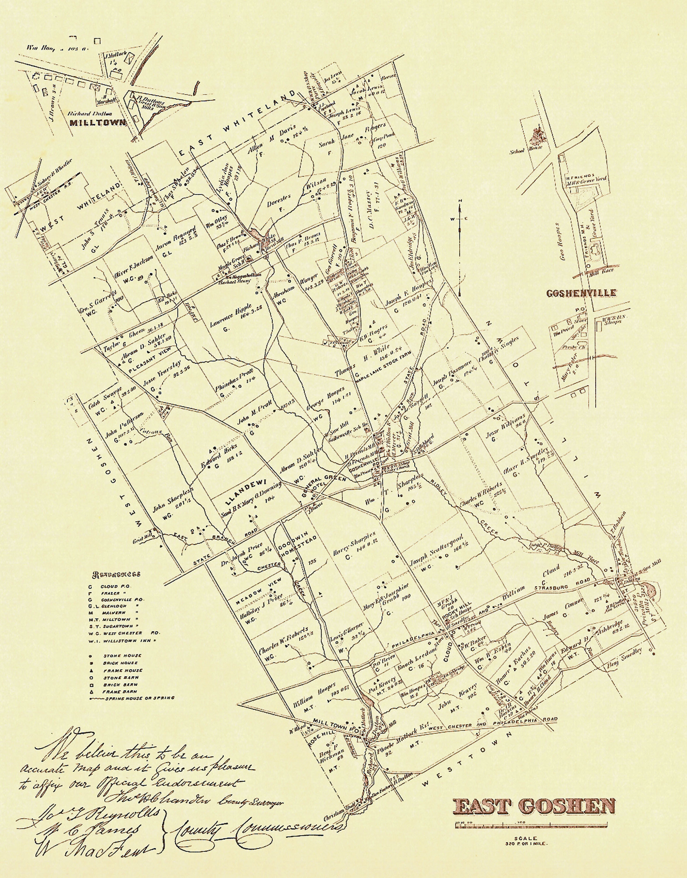 Borough of Downingtown Original 1883 Chester County Pennsylvania Farm Atlas map Downingtown map
